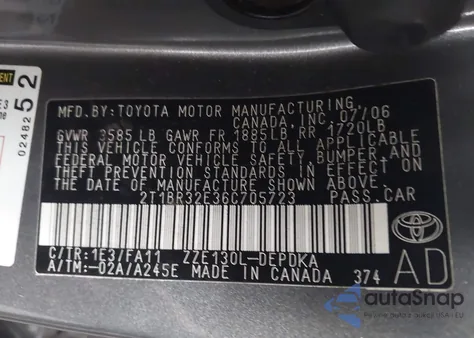 2006 Toyota Corolla Ce z USA, uszkodzony, nr VIN 2T1BR32E36C705723